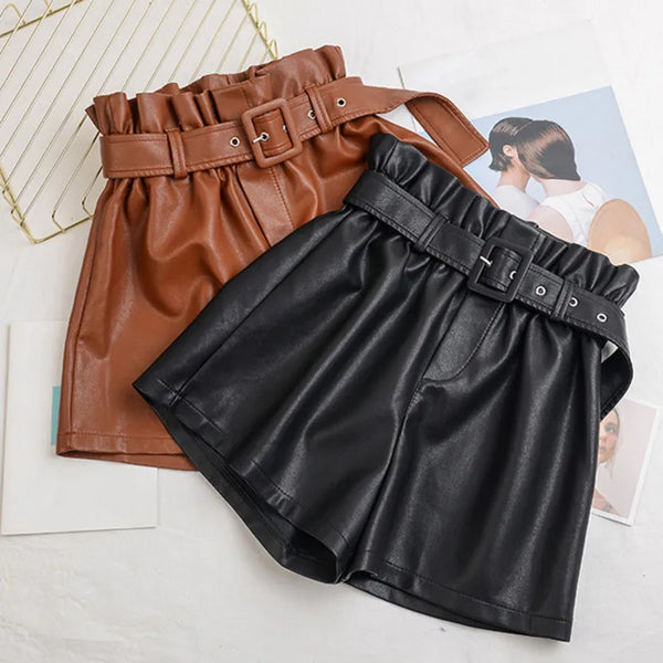 Vintage Luxe Cinnamon High-Waist Belted Faux Leather Shorts